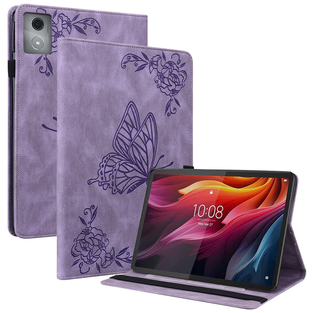 For Lenovo Tab K11 Plus Case Butterfly Flower Imprint PU Leather Tablet Cover with Card Slots - Purple