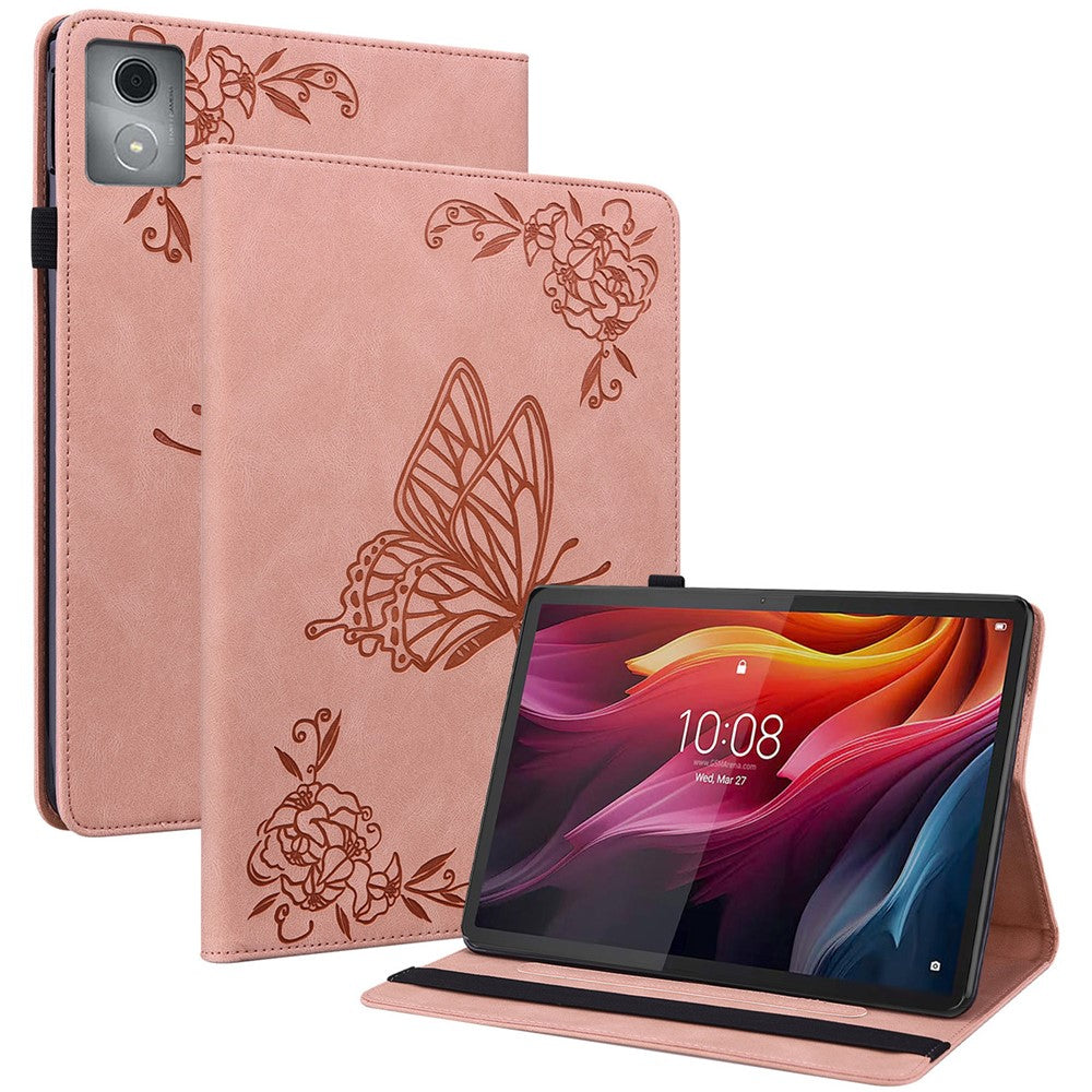 For Lenovo Tab K11 Plus Case Butterfly Flower Imprint PU Leather Tablet Cover with Card Slots - Pink