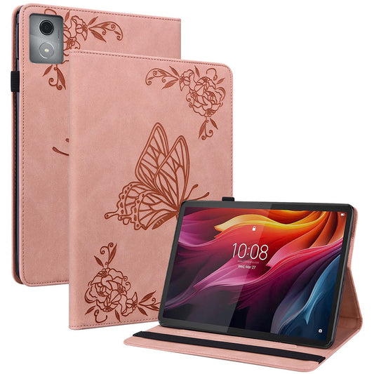 For Lenovo Tab K11 Plus Case Butterfly Flower Imprint PU Leather Tablet Cover with Card Slots - Pink