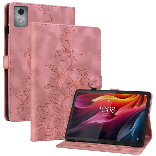 For Lenovo Tab K11 Plus Case Lily Flower Imprint Card Slots Leather Tablet Cover - Pink