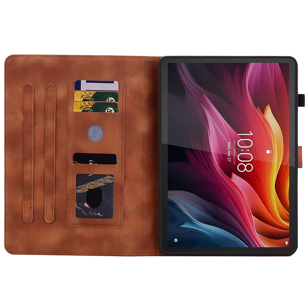 For Lenovo Tab K11 Plus Case Lily Flower Imprint Card Slots Leather Tablet Cover - Brown