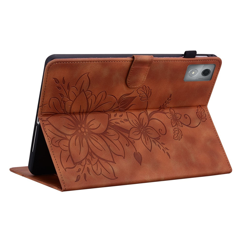 For Lenovo Tab K11 Plus Case Lily Flower Imprint Card Slots Leather Tablet Cover - Brown