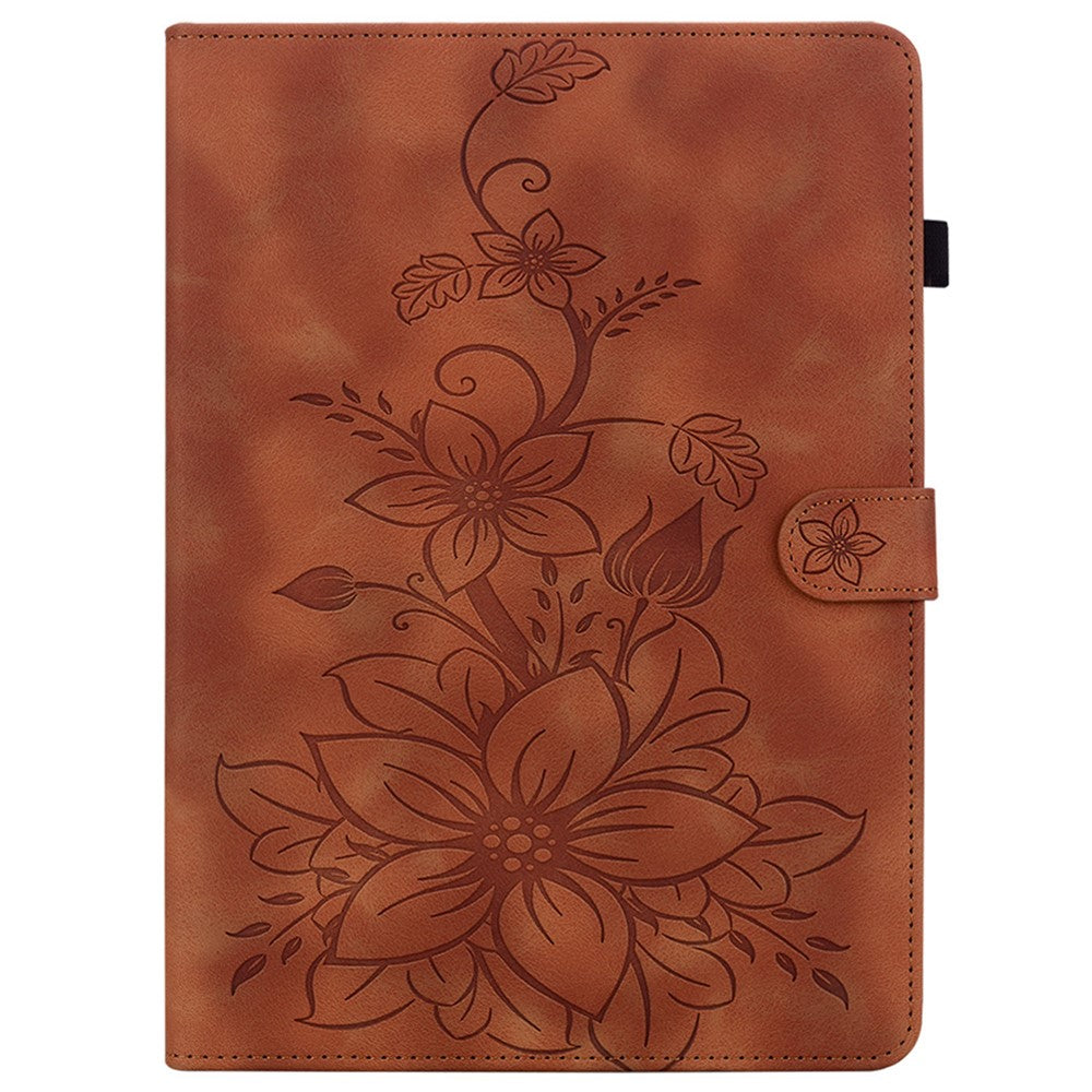For Lenovo Tab K11 Plus Case Lily Flower Imprint Card Slots Leather Tablet Cover - Brown