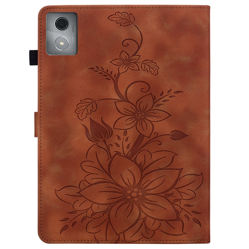 For Lenovo Tab K11 Plus Case Lily Flower Imprint Card Slots Leather Tablet Cover - Brown
