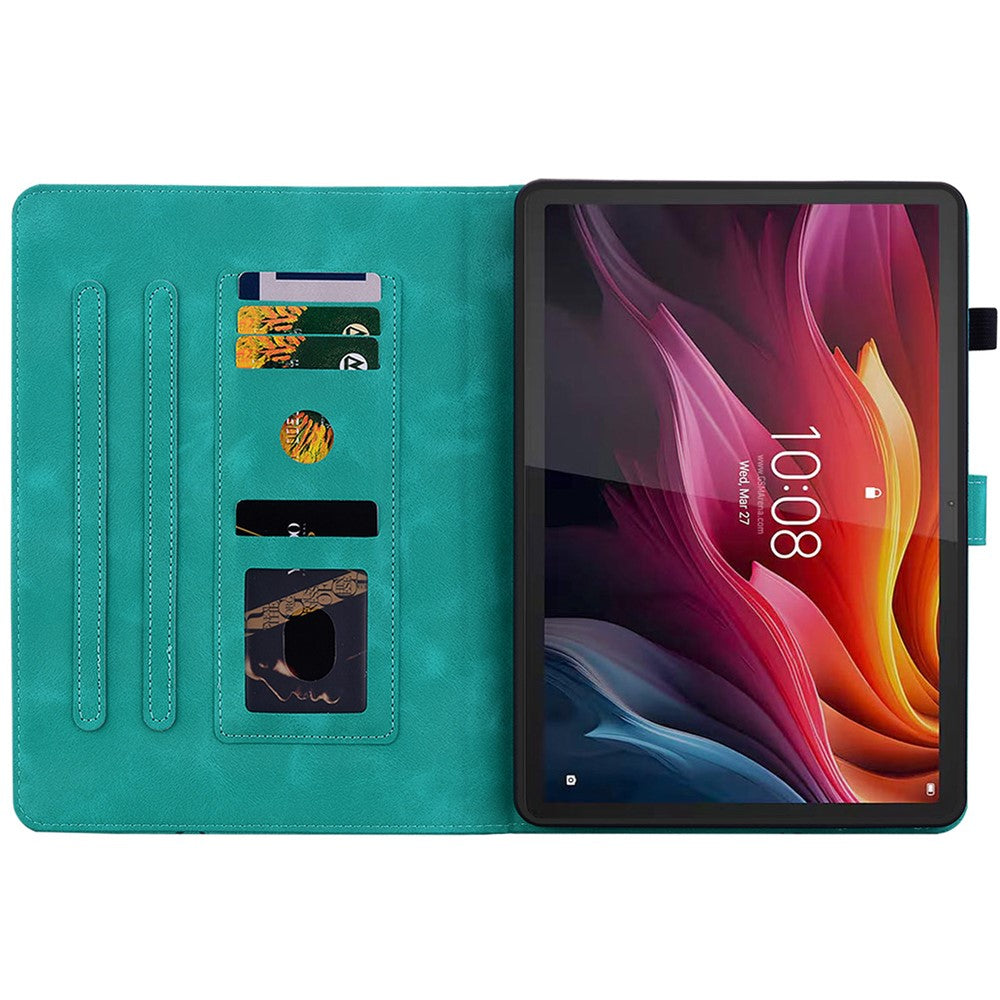 For Lenovo Tab K11 Plus Case Lily Flower Imprint Card Slots Leather Tablet Cover - Green