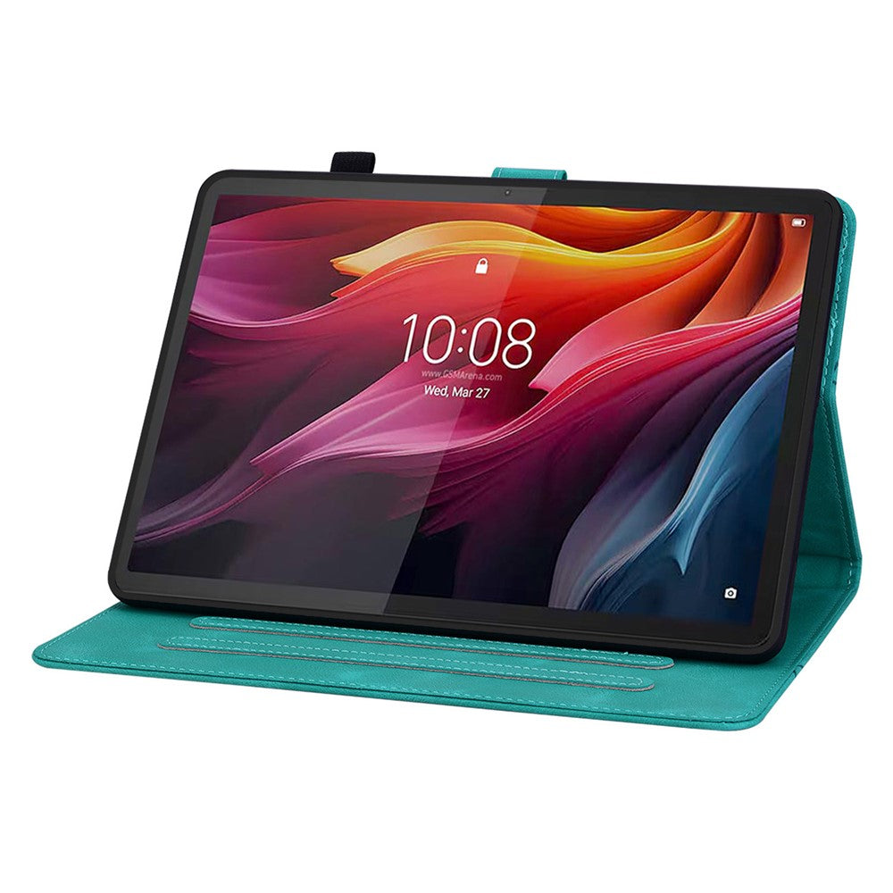 For Lenovo Tab K11 Plus Case Lily Flower Imprint Card Slots Leather Tablet Cover - Green