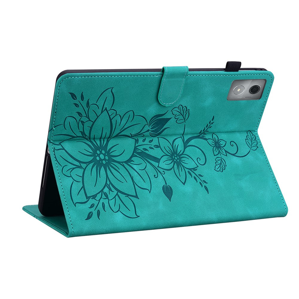 For Lenovo Tab K11 Plus Case Lily Flower Imprint Card Slots Leather Tablet Cover - Green