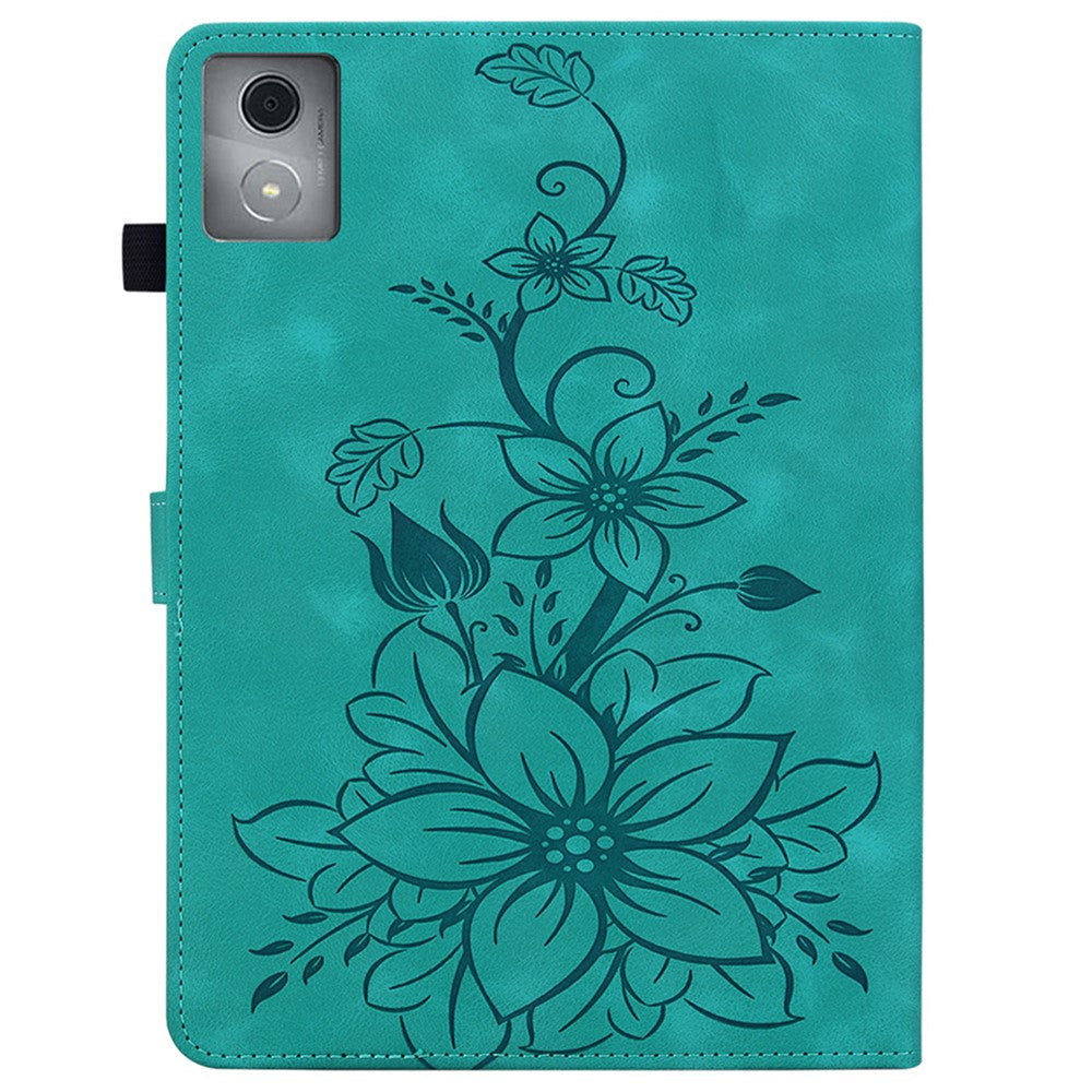 For Lenovo Tab K11 Plus Case Lily Flower Imprint Card Slots Leather Tablet Cover - Green