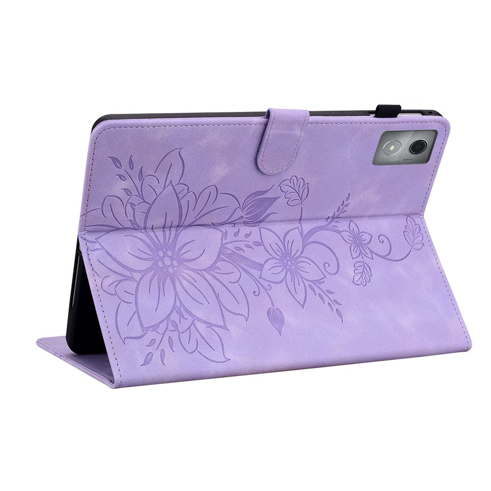 For Lenovo Tab K11 Plus Case Lily Flower Imprint Card Slots Leather Tablet Cover - Purple
