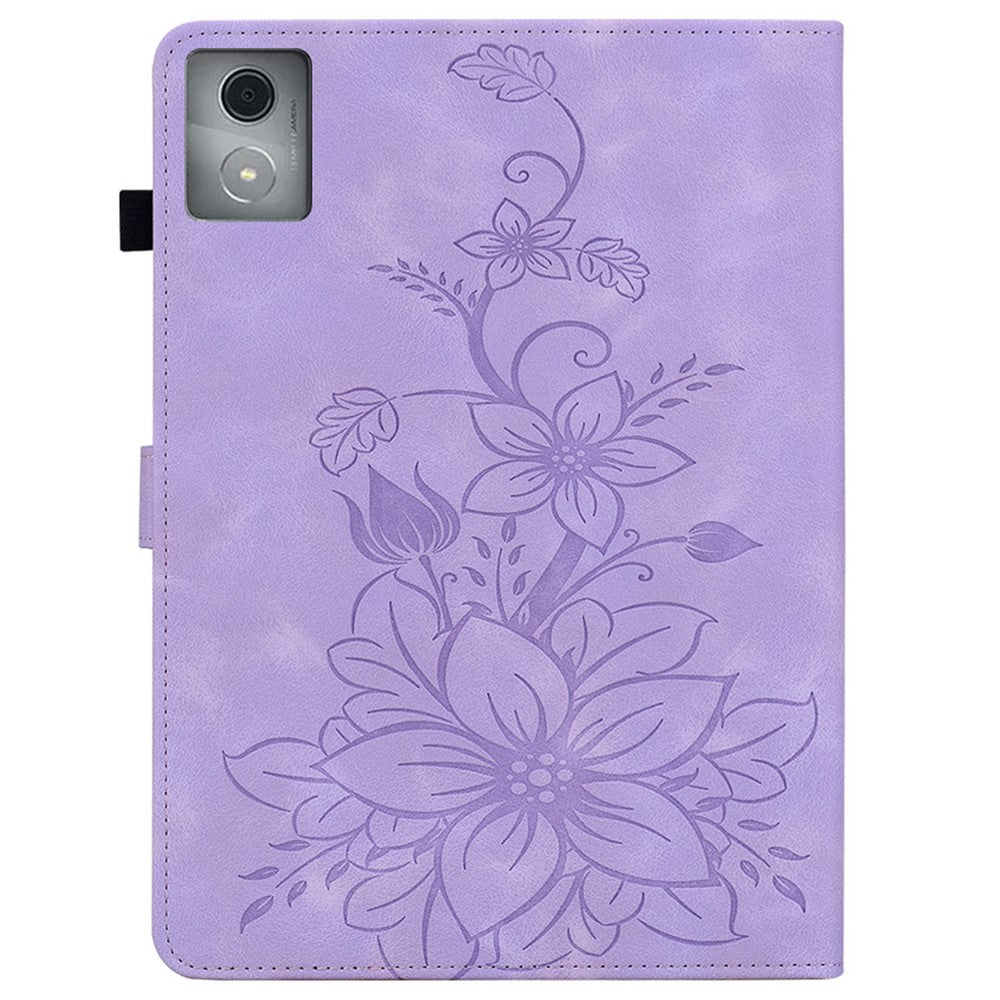 For Lenovo Tab K11 Plus Case Lily Flower Imprint Card Slots Leather Tablet Cover - Purple