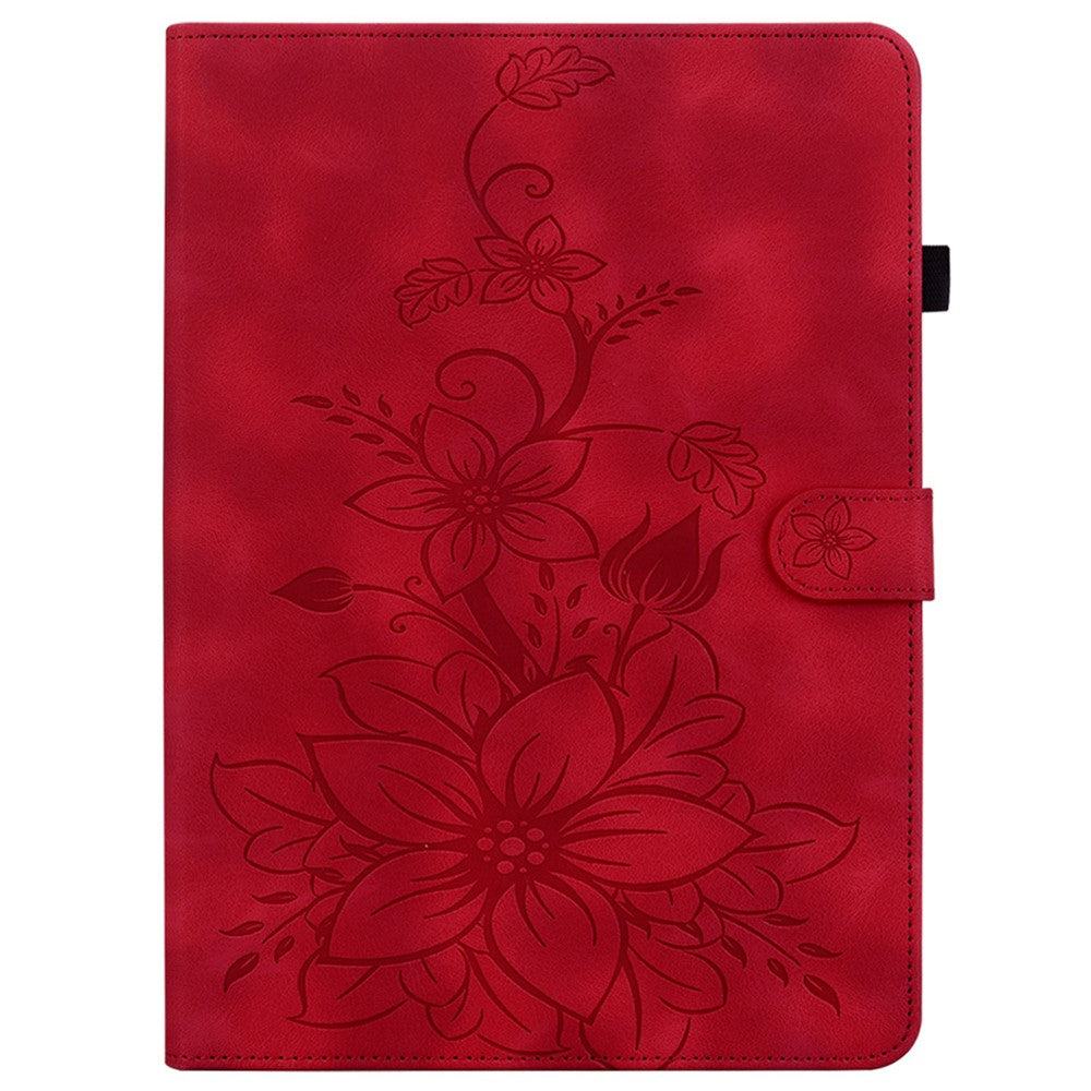 For Lenovo Tab K11 Plus Case Lily Flower Imprint Card Slots Leather Tablet Cover - Red
