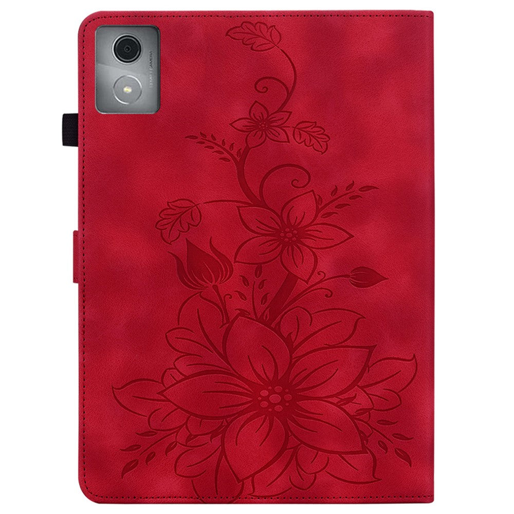 For Lenovo Tab K11 Plus Case Lily Flower Imprint Card Slots Leather Tablet Cover - Red