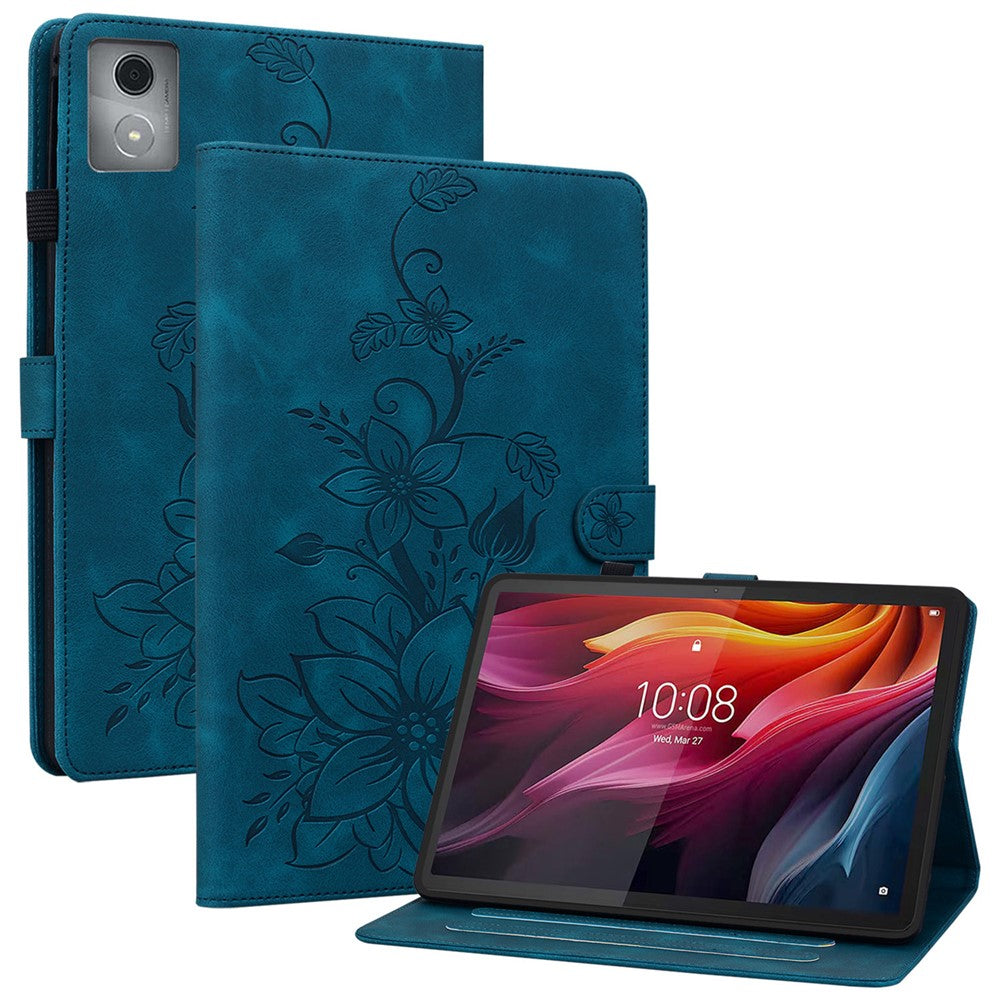For Lenovo Tab K11 Plus Case Lily Flower Imprint Card Slots Leather Tablet Cover - Blue