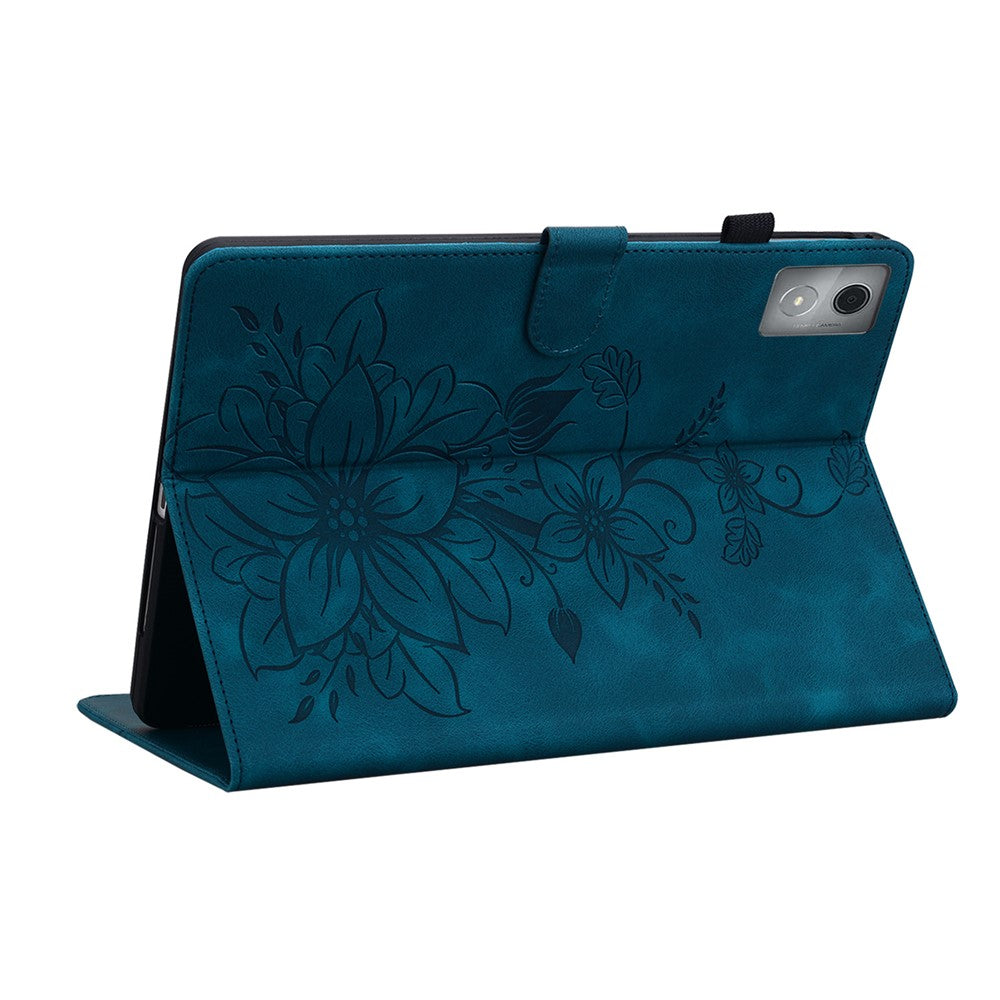 For Lenovo Tab K11 Plus Case Lily Flower Imprint Card Slots Leather Tablet Cover - Blue