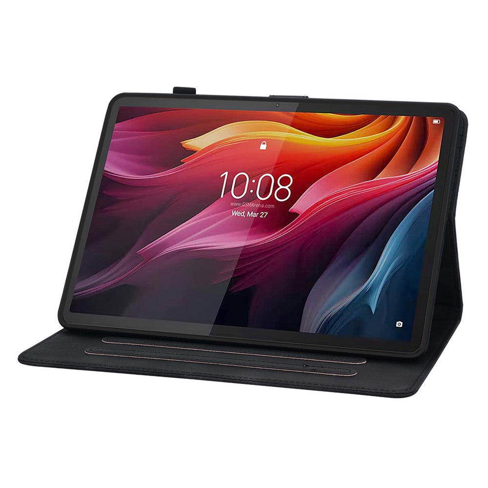 For Lenovo Tab K11 Plus Case Lily Flower Imprint Card Slots Leather Tablet Cover - Black