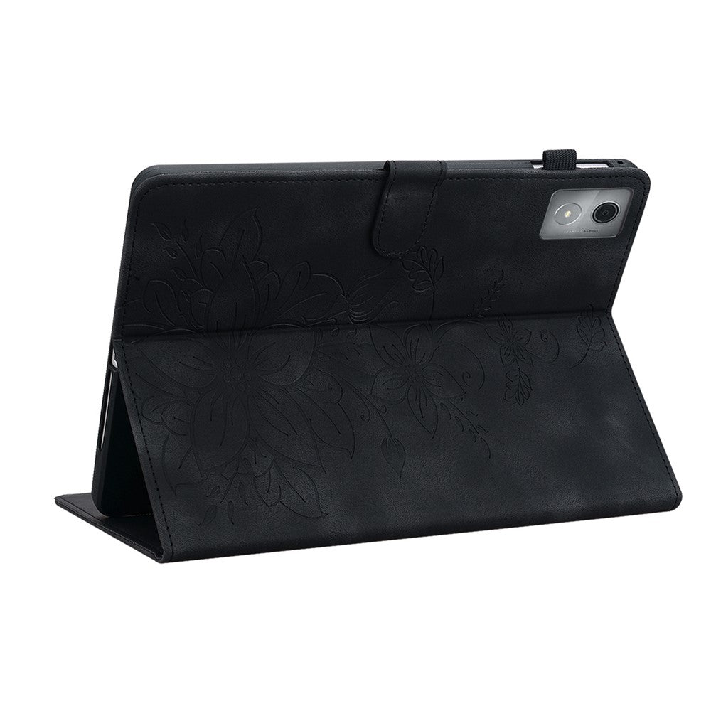 For Lenovo Tab K11 Plus Case Lily Flower Imprint Card Slots Leather Tablet Cover - Black
