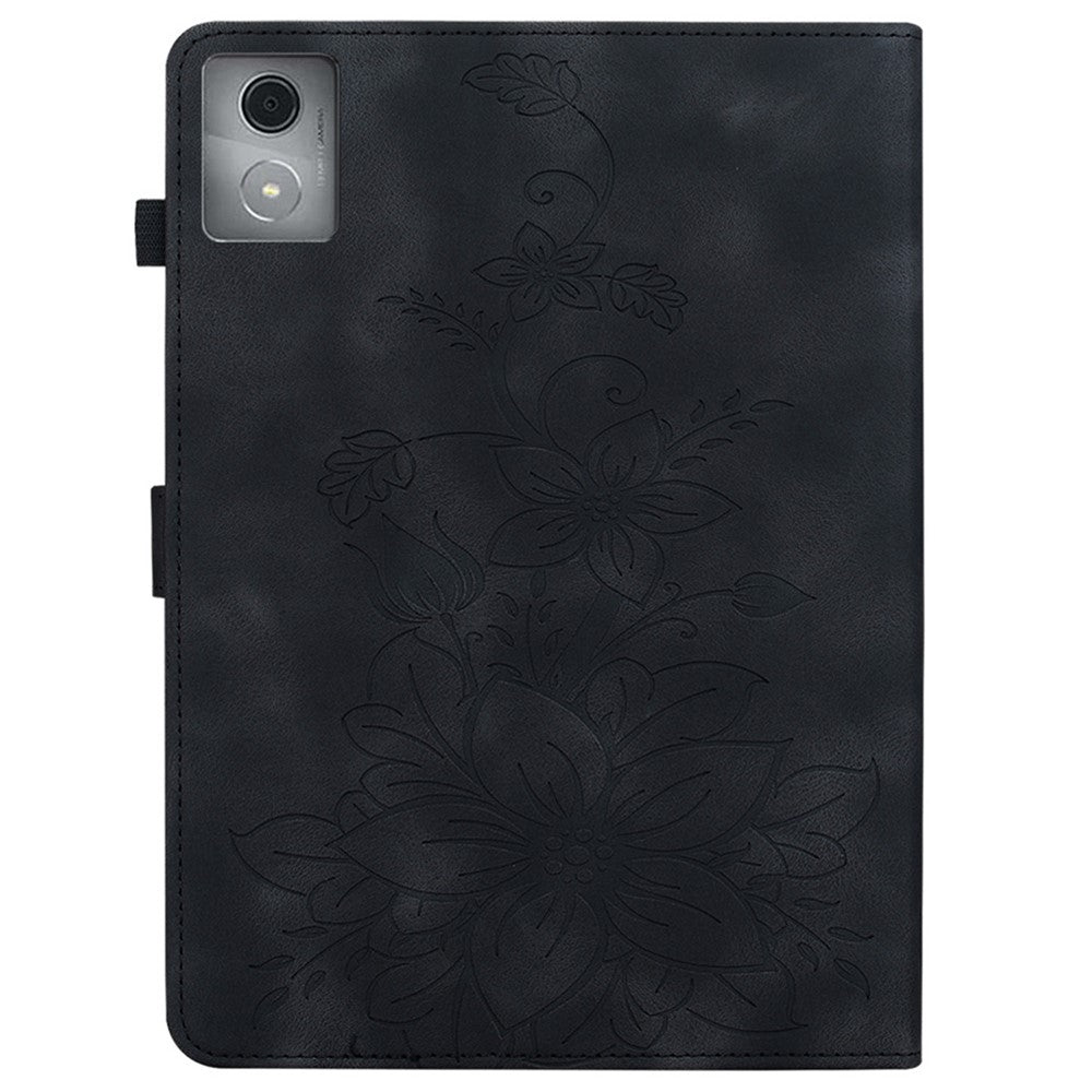 For Lenovo Tab K11 Plus Case Lily Flower Imprint Card Slots Leather Tablet Cover - Black