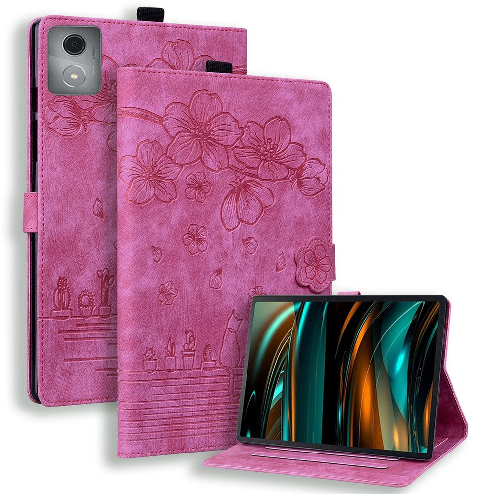 For Lenovo Tab M11 Plus / Tab K11 Plus Case Leather Stand Tablet Cover Flower Cat Card Slots - Rose