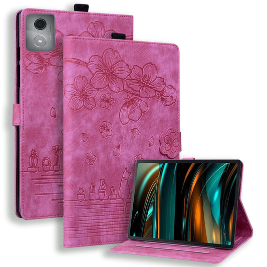For Lenovo Tab M11 Plus / Tab K11 Plus Case Leather Stand Tablet Cover Flower Cat Card Slots - Rose