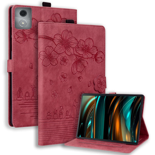 For Lenovo Tab M11 Plus / Tab K11 Plus Case Leather Stand Tablet Cover Flower Cat Card Slots - Wine Red