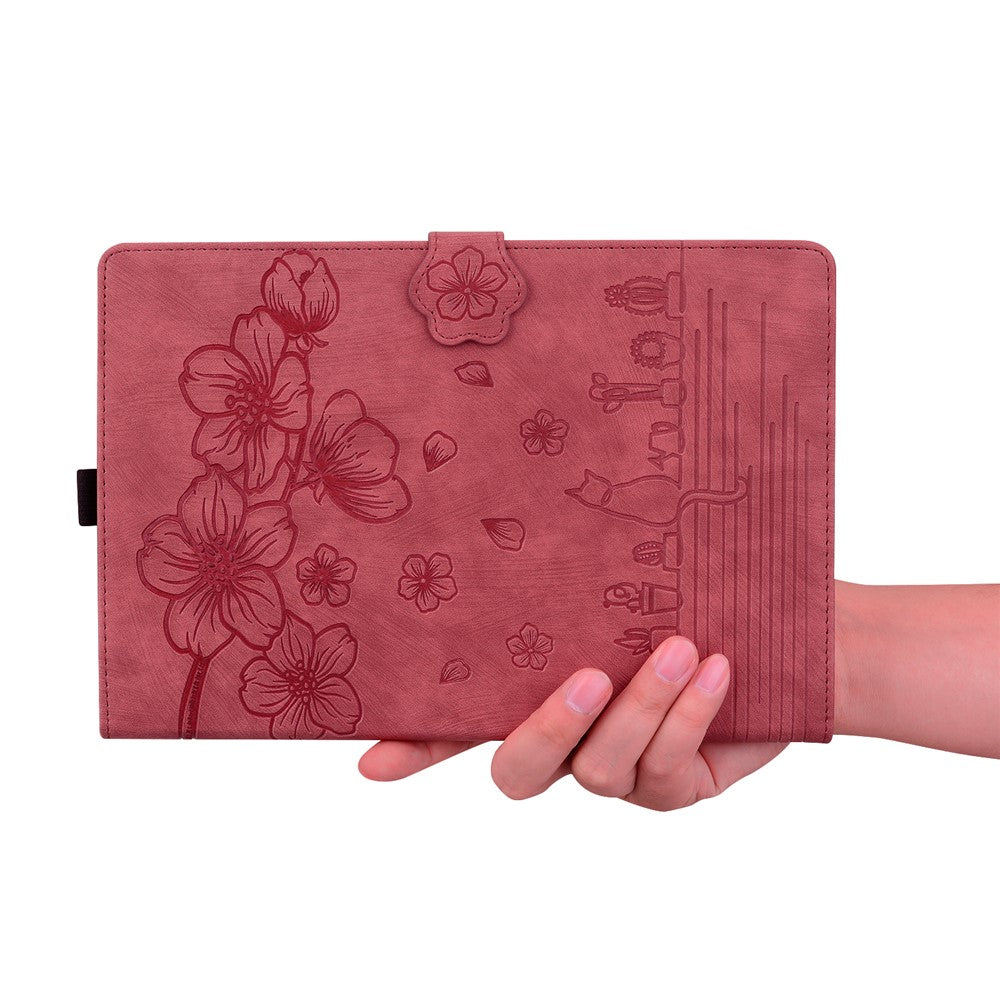 For Lenovo Tab M11 Plus / Tab K11 Plus Case Leather Stand Tablet Cover Flower Cat Card Slots - Wine Red