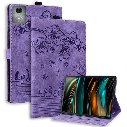 For Lenovo Tab M11 Plus / Tab K11 Plus Case Leather Stand Tablet Cover Flower Cat Card Slots - Purple