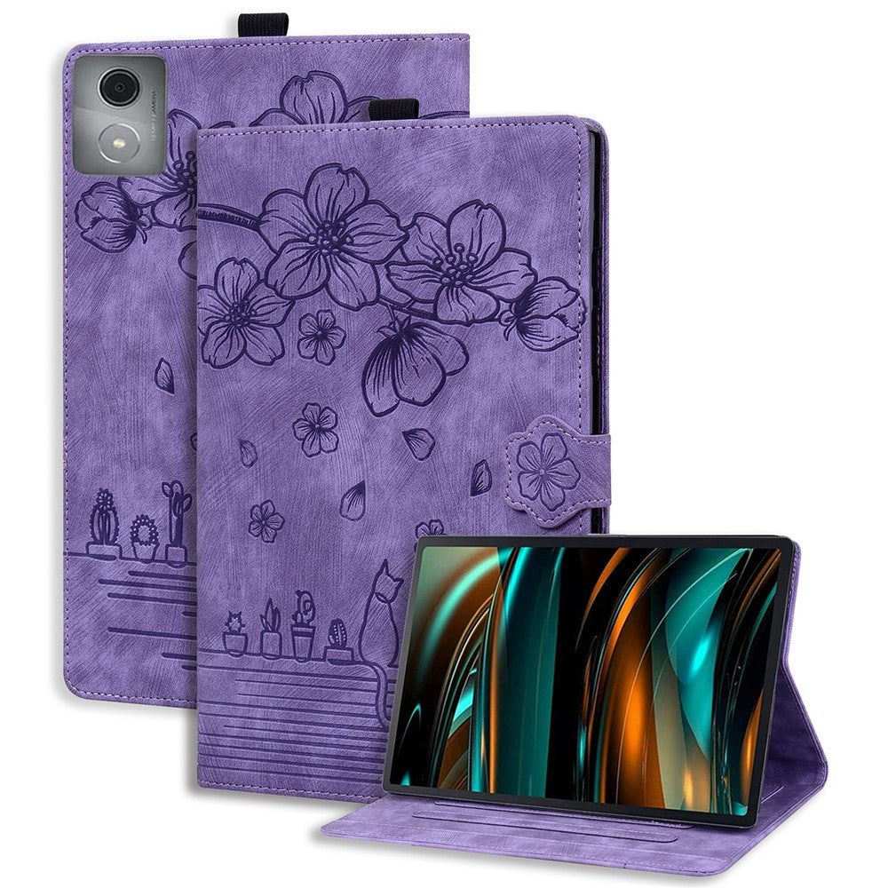 For Lenovo Tab M11 Plus / Tab K11 Plus Case Leather Stand Tablet Cover Flower Cat Card Slots - Purple