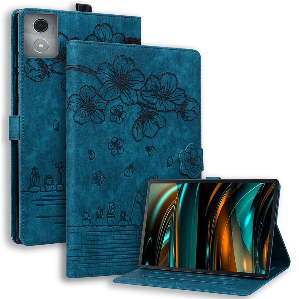 For Lenovo Tab M11 Plus / Tab K11 Plus Case Leather Stand Tablet Cover Flower Cat Card Slots - Sapphire
