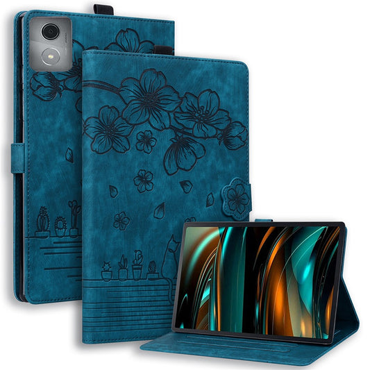 For Lenovo Tab M11 Plus / Tab K11 Plus Case Leather Stand Tablet Cover Flower Cat Card Slots - Sapphire