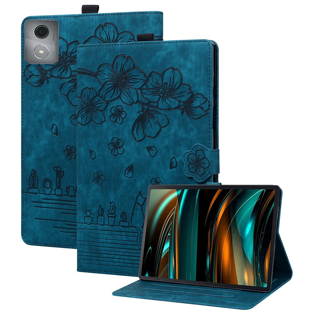 For Lenovo Tab M11 Plus / Tab K11 Plus Case Leather Stand Tablet Cover Flower Cat Card Slots - Sapphire