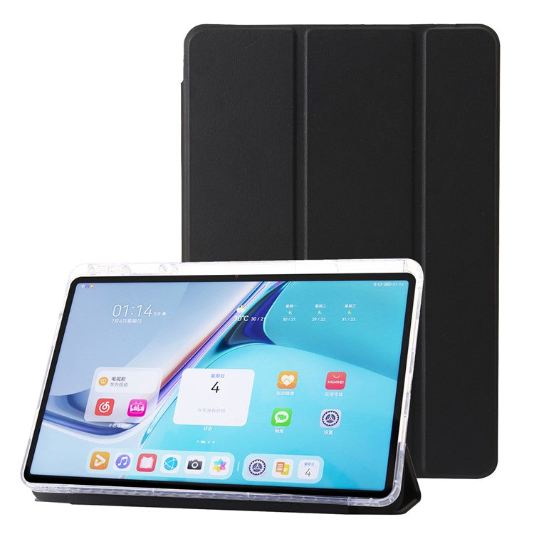 For Huawei MatePad SE 11 Case Tri-Fold Stand Leather+TPU+Acrylic Clear Back Tablet Cover - Black