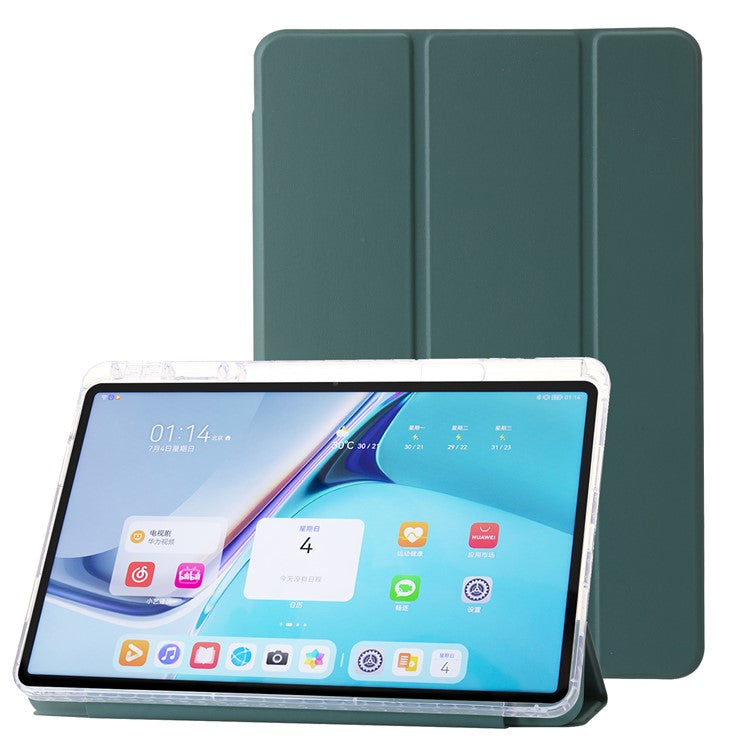 For Huawei MatePad SE 11 Case Tri-fold Stand Leather+TPU+Acrylic Clear Back Tablet Cover - Blackish Green