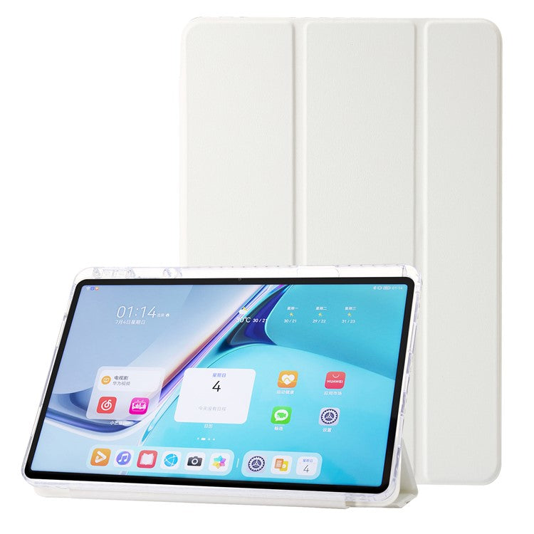 For Huawei MatePad SE 11 Case Tri-fold Stand Leather+TPU+Acrylic Clear Back Tablet Cover - White