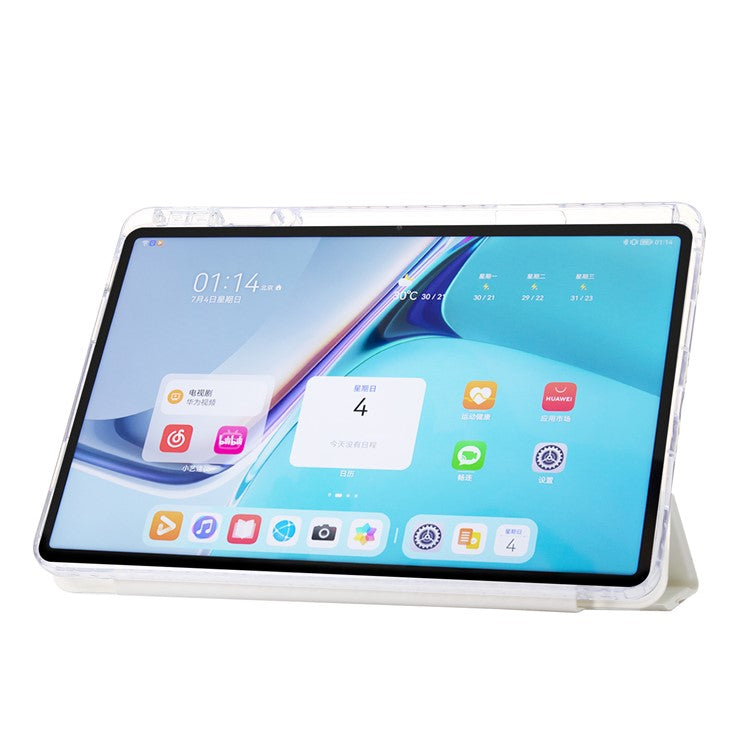 For Huawei MatePad SE 11 Case Tri-fold Stand Leather+TPU+Acrylic Clear Back Tablet Cover - White