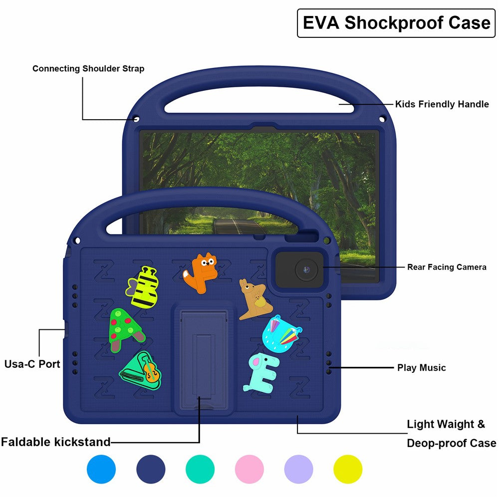 For Lenovo Tab M11 Kickstand Case Cartoon Design Anti-Drop EVA+PC Tablet Cover with Strap - Navy Blue