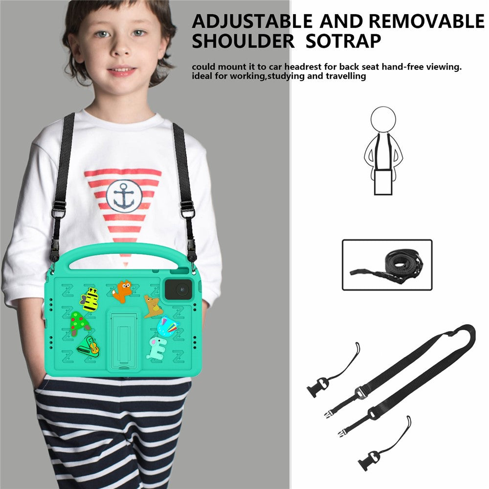 For Lenovo Tab M11 Kickstand Case Cartoon Design Anti-Drop EVA+PC Tablet Cover with Strap - Green