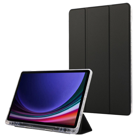 For Samsung Galaxy Tab S9 / S9 FE Case Tri-Fold Stand Smart Auto / Wake Leather Tablet Cover Carbon Fiber Texture - Black