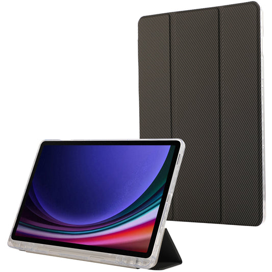 For Samsung Galaxy Tab S9 / S9 FE Case Tri-Fold Stand Smart Auto / Wake Leather Tablet Cover Carbon Fiber Texture - Gold