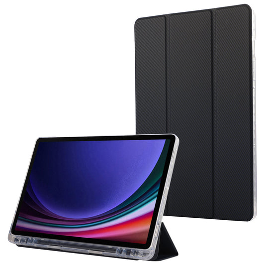 For Samsung Galaxy Tab S9 / S9 FE Case Tri-Fold Stand Smart Auto / Wake Leather Tablet Cover Carbon Fiber Texture - Dark Blue