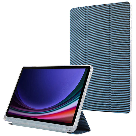 For Samsung Galaxy Tab S9 / S9 FE Case Tri-Fold Stand Smart Auto / Wake Leather Tablet Cover Carbon Fiber Texture - Baby Blue