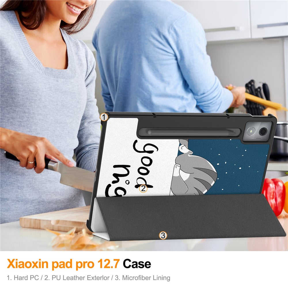 For Lenovo Xiaoxin Pad Pro 12.7 inch Case Pattern Print Leather Stand Tablet Cover - Cat