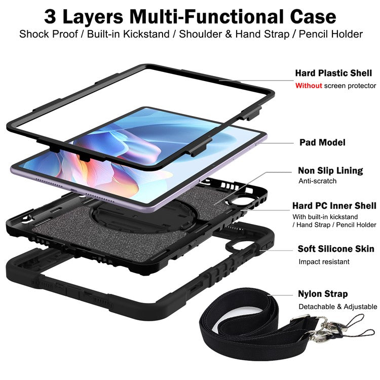 For Huawei MatePad 11.5 S Case Silicone+PC Kickstand Tablet Cover with Shoulder Strap - Black
