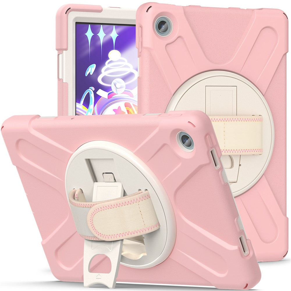 For Lenovo Tab M10 Plus (3rd Gen) / Xiaoxin Pad 2022 10.6 inch TB-125F / 128F 360 Degree Rotation Hand Strap Tablet Case Anti-drop PC + Silicone Kickstand Cover - Cherry Blossom Pink