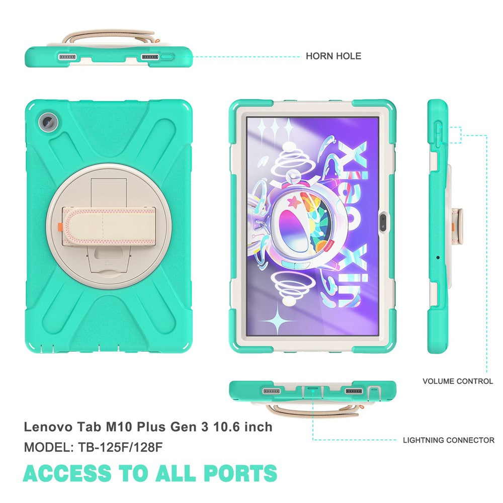For Lenovo Tab M10 Plus (3rd Gen) / Xiaoxin Pad 2022 10.6 inch TB-125F / 128F 360 Degree Rotation Hand Strap Tablet Case Anti-drop PC + Silicone Kickstand Cover - Mint Green