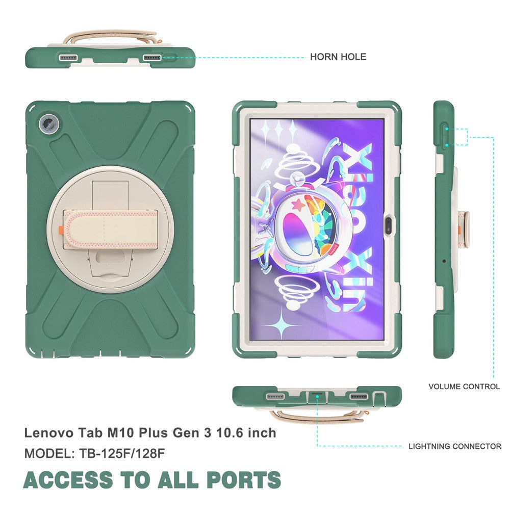 For Lenovo Tab M10 Plus (3rd Gen) / Xiaoxin Pad 2022 10.6 inch TB-125F / 128F 360 Degree Rotation Hand Strap Tablet Case Anti-drop PC + Silicone Kickstand Cover - Emerald Green