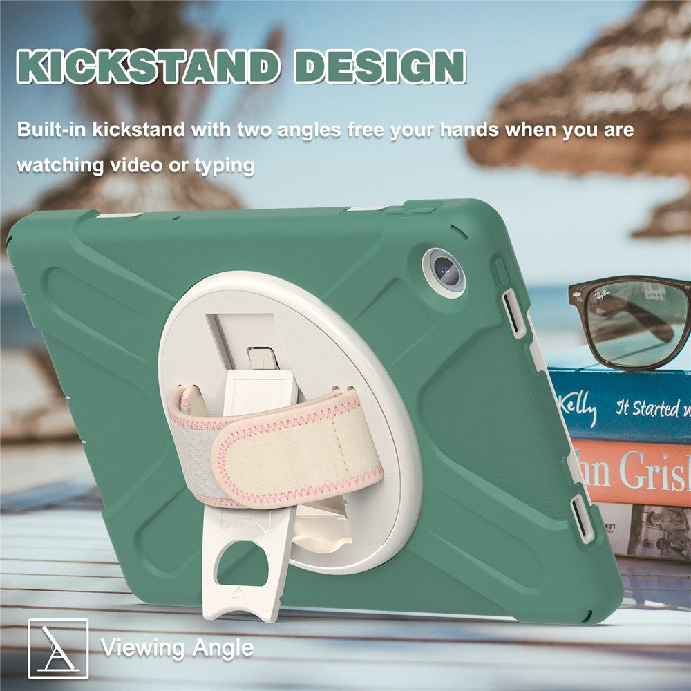 For Lenovo Tab M10 Plus (3rd Gen) / Xiaoxin Pad 2022 10.6 inch TB-125F / 128F 360 Degree Rotation Hand Strap Tablet Case Anti-drop PC + Silicone Kickstand Cover - Emerald Green
