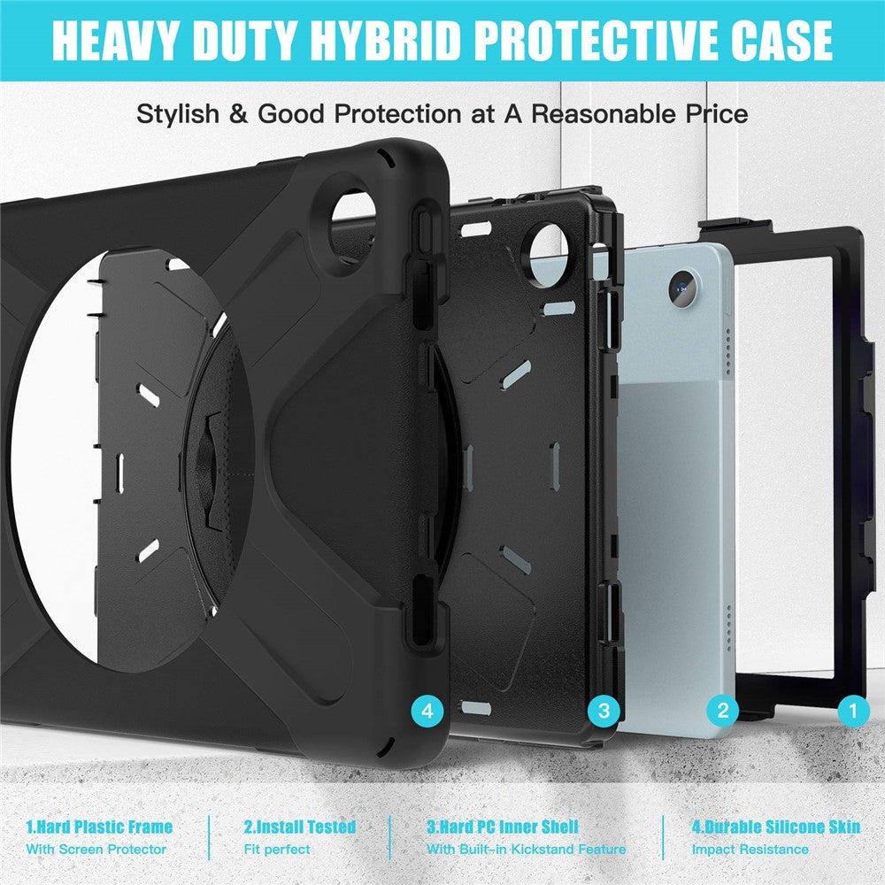 For Lenovo Tab M10 Plus (3rd Gen) / Xiaoxin Pad 2022 10.6 inch TB-125F / 128F 360 Degree Rotation Hand Strap Tablet Case Anti-drop PC + Silicone Kickstand Cover - Black