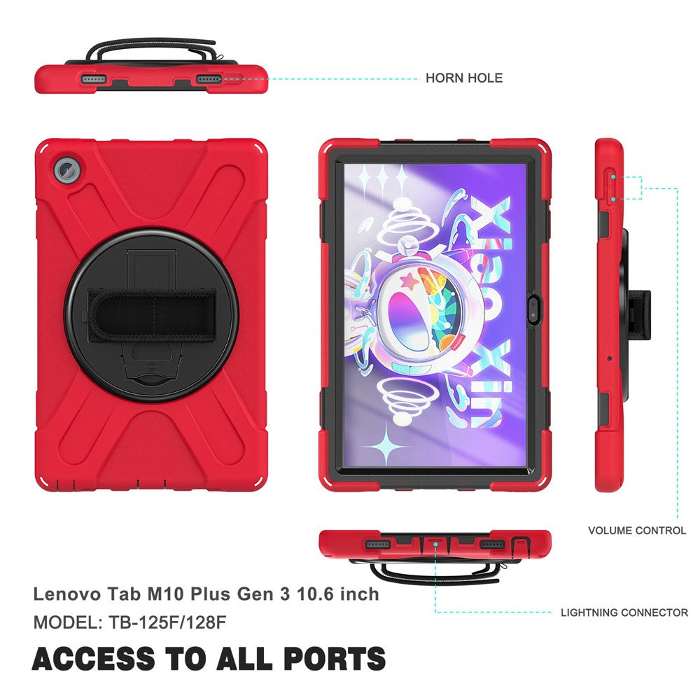 For Lenovo Tab M10 Plus (3rd Gen) / Xiaoxin Pad 2022 10.6 inch TB-125F / 128F 360 Degree Rotation Hand Strap Tablet Case Anti-drop PC + Silicone Kickstand Cover - Red