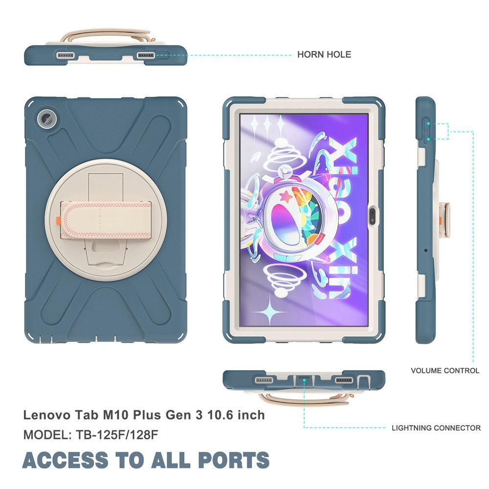 For Lenovo Tab M10 Plus (3rd Gen) / Xiaoxin Pad 2022 10.6 inch TB-125F / 128F 360 Degree Rotation Hand Strap Tablet Case Anti-drop PC + Silicone Kickstand Cover - Cornflower Blue