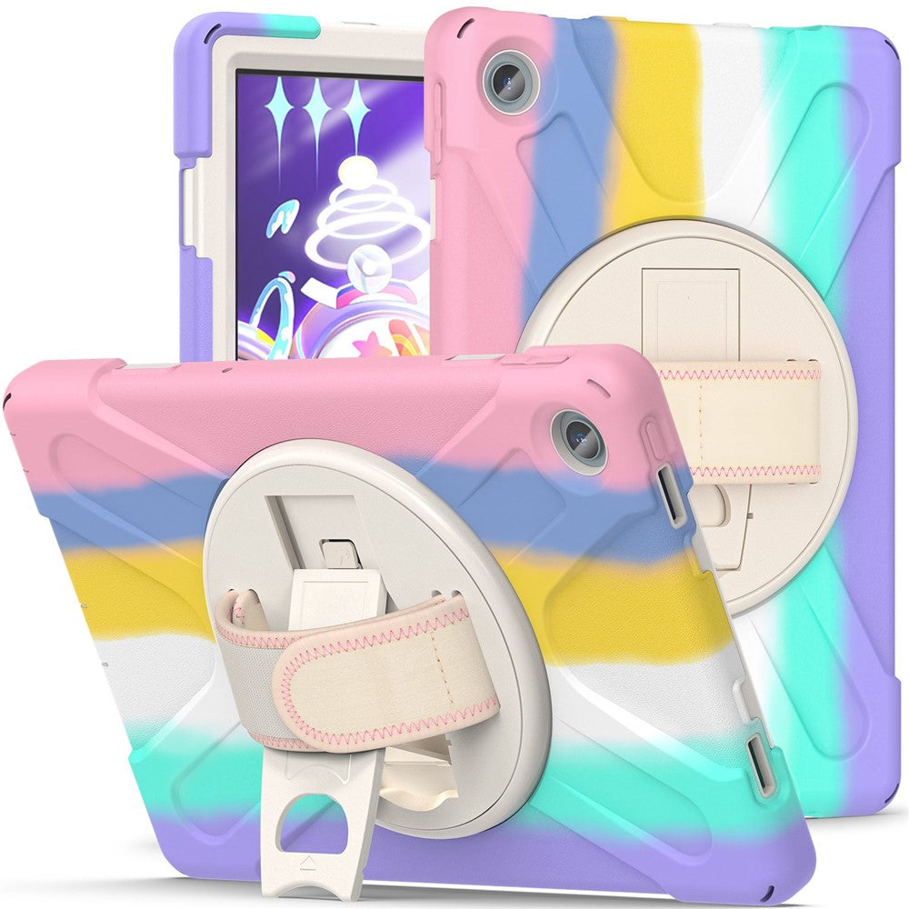 For Lenovo Tab M10 Plus (3rd Gen) / Xiaoxin Pad 2022 10.6 inch TB-125F / 128F 360 Degree Rotation Hand Strap Tablet Case Anti-drop PC + Silicone Kickstand Cover - Colorful Pink